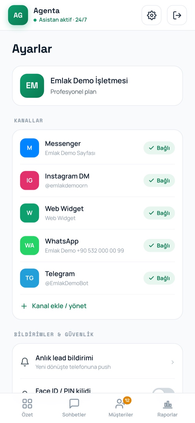 Agenta mobil — kanal ayarları
